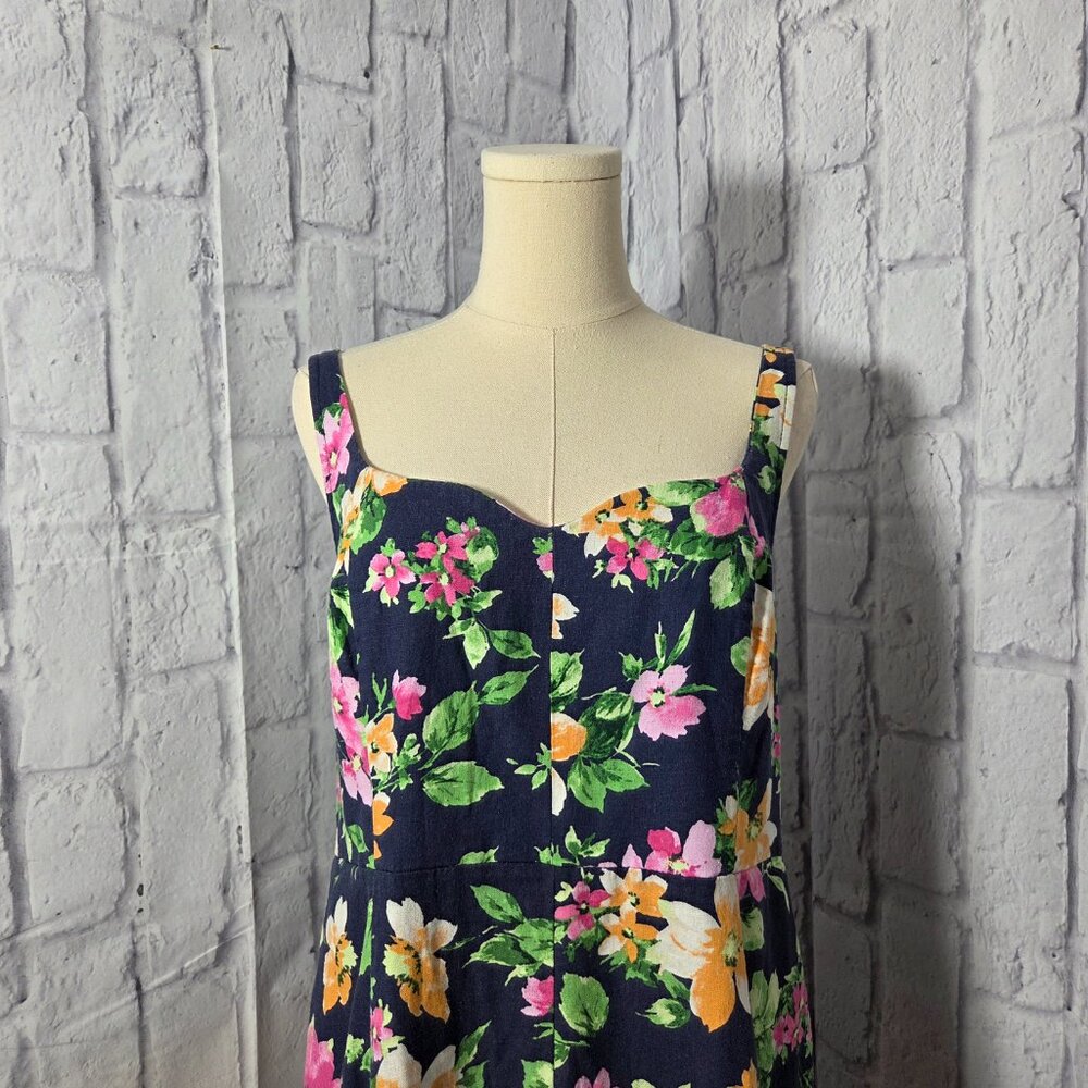 Old Navy Extra Large Navy Blue Floral Linen Blend Smocked Cottagecore Midi Dress - Picture 2 of 10